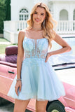 Glitter bonito Uma linha frisado espartilho tule azul Homecoming vestido com apliques