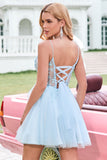 Glitter bonito Uma linha frisado espartilho tule azul Homecoming vestido com apliques