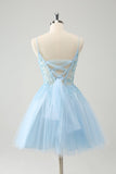 Bonito Glitter Blue A Line Beaded Corset Tulle Homecoming Dress with Appliques