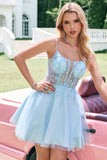 Glitter bonito Uma linha frisado espartilho tule azul Homecoming vestido com apliques