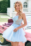 Glitter bonito Uma linha frisado espartilho tule azul Homecoming vestido com apliques