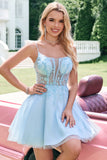 Glitter bonito Uma linha frisado espartilho tule azul Homecoming vestido com apliques