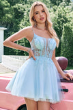 Glitter bonito Uma linha frisado espartilho tule azul Homecoming vestido com apliques