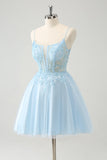 Bonito Glitter Blue A Line Beaded Corset Tulle Homecoming Dress with Appliques