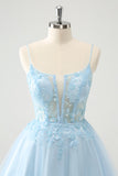 Bonito Glitter Blue A Line Beaded Corset Tulle Homecoming Dress with Appliques