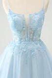 Bonito Glitter Blue A Line Beaded Corset Tulle Homecoming Dress with Appliques