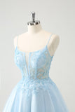 Bonito Glitter Blue A Line Beaded Corset Tulle Homecoming Dress with Appliques