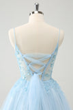 Bonito Glitter Blue A Line Beaded Corset Tulle Homecoming Dress with Appliques