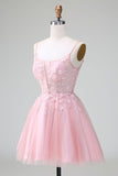Princess Blush Applique Tulle Uma Linha Vestido Curto Homecoming