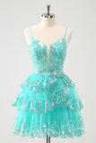 Verde Brilhante Uma Linha Esparguete Correias Espartilho Tiered Lantejoulas Homecoming Dress