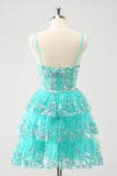 Verde Brilhante Uma Linha Esparguete Correias Espartilho Tiered Lantejoulas Homecoming Dress