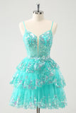 Bonito Brilhante A-Line Verde Esparguete Correias Tiered Homecoming Dress com Sequins