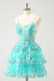 Bonito Brilhante A-Line Verde Esparguete Correias Tiered Homecoming Dress com Sequins