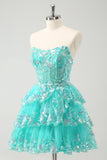 Bonito Glitter Verde Uma Linha Strapless Sequined Tiered Corset Homecoming Dress