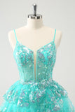 Bonito Brilhante A-Line Verde Esparguete Correias Tiered Homecoming Dress com Sequins