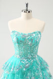 Bonito Glitter Verde Uma Linha Strapless Sequined Tiered Corset Homecoming Dress