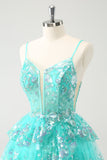 Bonito Brilhante A-Line Verde Esparguete Correias Tiered Homecoming Dress com Sequins