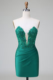 Verde escuro Deep V Neck Applique Cetim Mini Vestido Homecoming