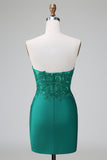 Verde escuro Deep V Neck Applique Cetim Mini Vestido Homecoming