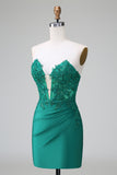 Verde escuro Deep V Neck Applique Cetim Mini Vestido Homecoming