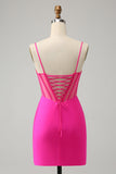 Exclusivo brilhante frisado apertado espartilho curto Fuchsia Homecoming vestido com fenda