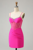 Glitter Fuchsia frisado espartilho apertado curto Homecoming Dress com fenda