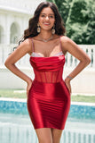 Exclusivo Glitter Vermelho Escuro Frisado Cetim Corset Tight Short Homecoming Dress