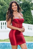 Exclusivo Glitter Vermelho Escuro Frisado Cetim Corset Tight Short Homecoming Dress