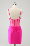 Glitter Fuchsia Esparguete Correias Apertado Corset Homecoming Dress com Missangas