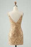 Sparkly Golden Bodycon Esparguete Correia Vestido Curto Homecoming com Sequins