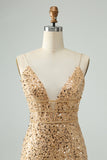 Sparkly Golden Bodycon Esparguete Correia Vestido Curto Homecoming com Sequins