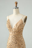 Sparkly Golden Bodycon Esparguete Correia Vestido Curto Homecoming com Sequins