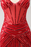 Espaguete vermelho brilhante correias lantejoulas curto apertado Homecoming Dress