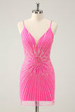 Esparguete Correias Fuchsia Bodycon Homecoming Dress com Sequins