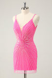 Esparguete Correias Fuchsia Bodycon Homecoming Dress com Sequins