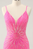 Esparguete Correias Fuchsia Bodycon Homecoming Dress com Sequins