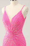 Esparguete Correias Fuchsia Bodycon Homecoming Dress com Sequins