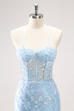 Esparguete Azul Correias Corset Applique Tight Homecoming Dress com Sequins