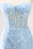 Esparguete Azul Correias Corset Applique Tight Homecoming Dress com Sequins