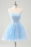 Bonito Glitter Blue A Line Sequins Vestido Curto Homecoming com Apliques