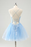 Bonito Glitter Blue A Line Sequins Vestido Curto Homecoming com Apliques