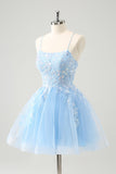 Bonito Glitter Blue A Line Sequins Vestido Curto Homecoming com Apliques