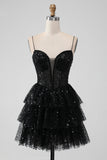 Sparkly Preto Espaghetti Correias Tiered Homecoming Dress com Sequins