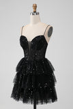 Sparkly Preto Espaghetti Correias Tiered Homecoming Dress com Sequins