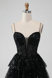 Sparkly Preto Espaghetti Correias Tiered Homecoming Dress com Sequins