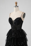 Sparkly Preto Espaghetti Correias Tiered Homecoming Dress com Sequins