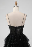 Sparkly Preto Espaghetti Correias Tiered Homecoming Dress com Sequins