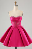 Bonito A Linha Querida Corset Fuchsia Homecoming Vestido com Missangas