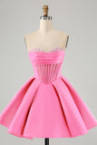 Bonito A Linha Querida Corset Fuchsia Homecoming Vestido com Missangas