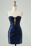 Sparkly Royal Blue Bodycon Strapless Hollow out Homecoming Vestido com renda